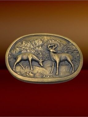 Vintage Oval Brass Buck and Doe Deer Belt Buckle by Indiana Metal Craft